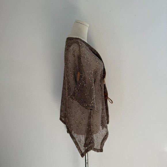 Kaktus Boho Open Weave Sequin Cardigan Brown Crochet Knit | Womens Size Large - Picture 2 of 6